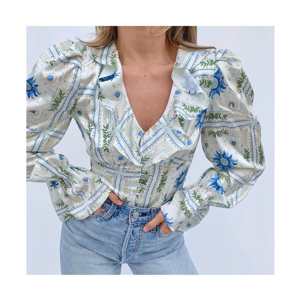 Never Fully Dressed Sunniva Top Celestial Print Ruffle Blouse Cream Blue US 4